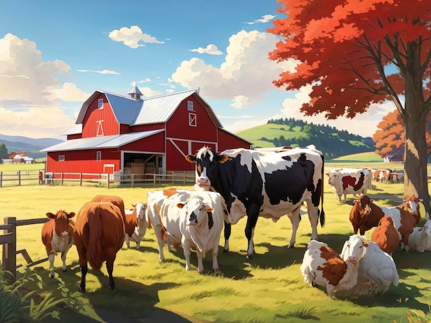 obraz przedstawiający krowy na polu ze stodołą w tle
