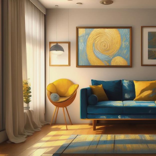 Obraz przedstawiający krzesło i krzesło z żółtą poduszką