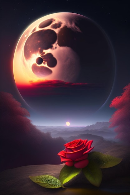 Obraz przedstawiający księżyc i róże z różą na pierwszym planie