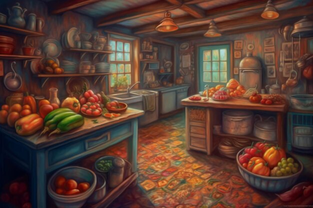 Obraz przedstawiający kuchnię z bukietem owoców i warzyw na blacie.