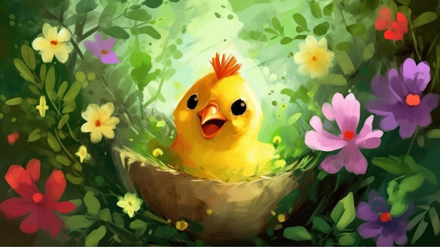 Obraz przedstawiający kurczaka w gnieździe z kwiatami.