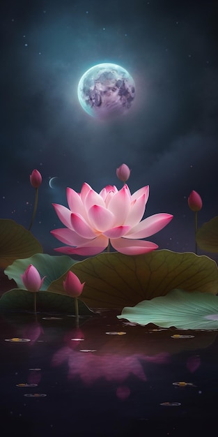 Obraz przedstawiający kwiat lotosu z księżycem w tle