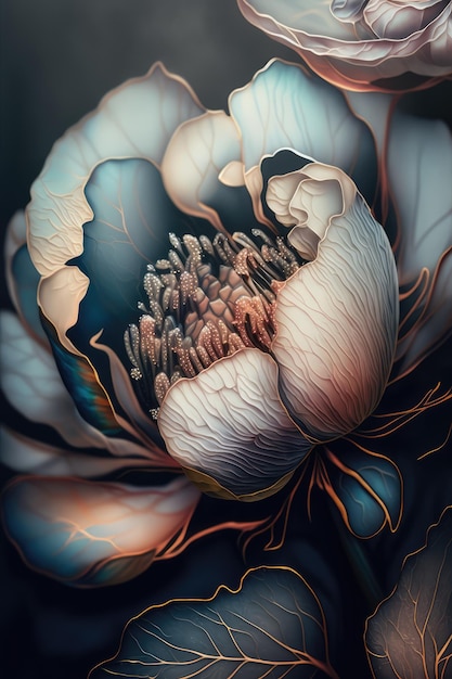 Obraz przedstawiający kwiat na niebieskim tle i słowo miłość.