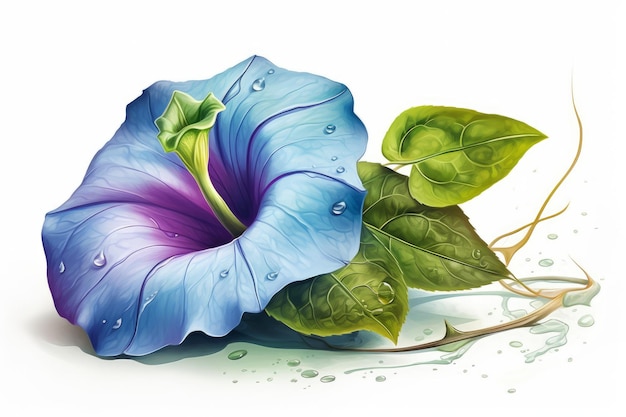 Obraz przedstawiający kwiat z zielonymi liśćmi