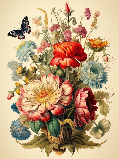 obraz przedstawiający kwiaty i motyle w wazonie z motylami.