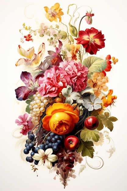 obraz przedstawiający kwiaty i owoce z wizerunkiem owocu