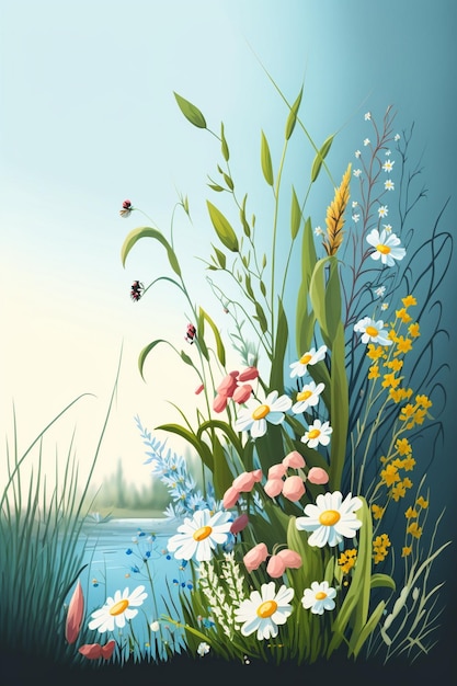 Obraz przedstawiający kwiaty i trawę z jeziorem w tle.