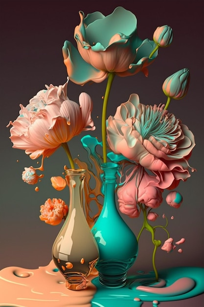 Obraz przedstawiający kwiaty i wazon ze strumieniem wody.
