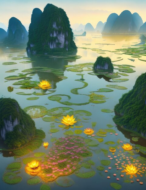 Obraz przedstawiający kwiaty lotosu w jeziorze na tle nieba