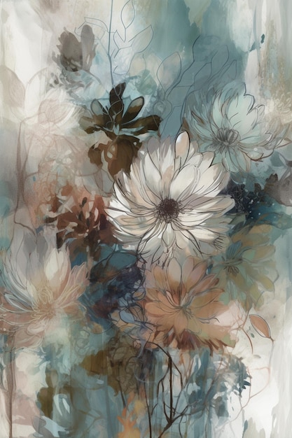 Obraz przedstawiający kwiaty na niebieskim tle.
