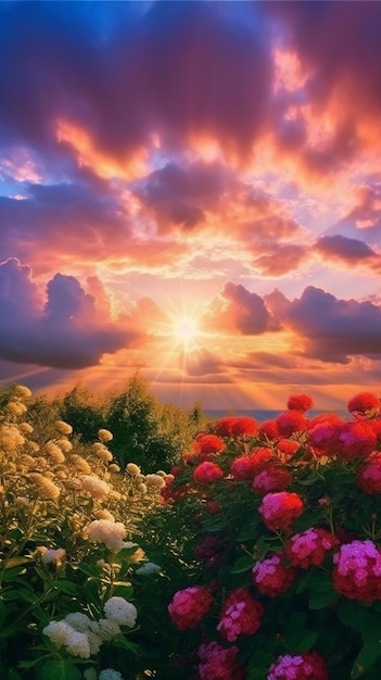 Obraz przedstawiający kwiaty na polu ze słońcem świecącym na chmury.