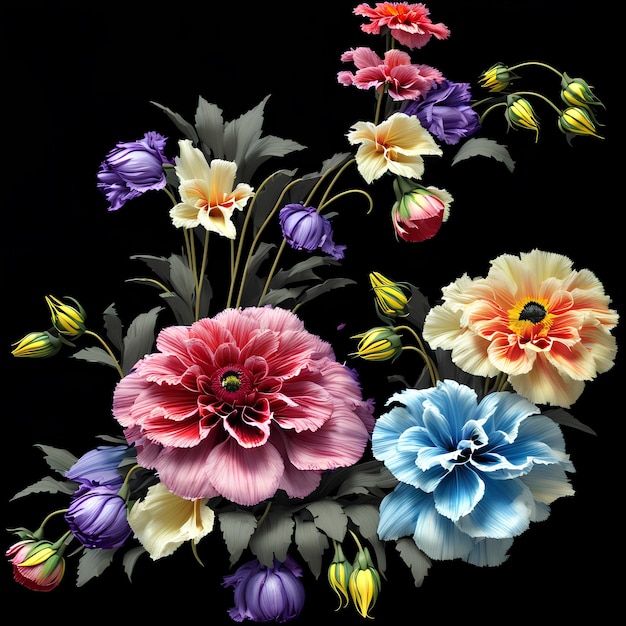 Obraz przedstawiający kwiaty z niebieskim i różowym kwiatkiem.