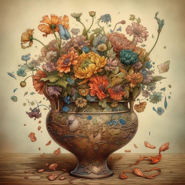 Obraz przedstawiający kwiaty z płatkami spadającymi z wazonu.