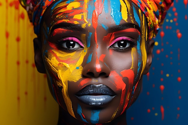 Obraz przedstawiający ładną młodą Afroamerykankę z czarną farbą i kolorową farbą na twarzy