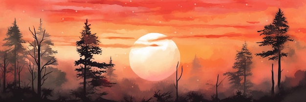 Obraz przedstawiający las z czerwonym niebem i słońcem w tle.