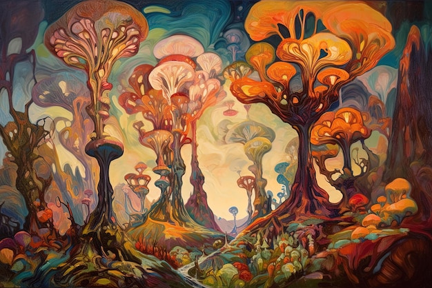 Obraz przedstawiający las z dużą ilością drzew