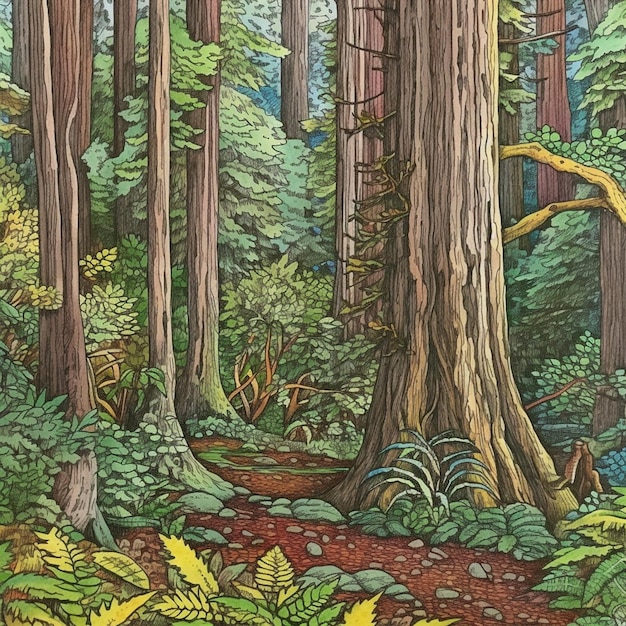 Zdjęcie obraz przedstawiający las z dużym drzewem pośrodku i dużą ilością zielonych roślin.