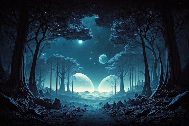 Obraz przedstawiający las z dwiema planetami pośrodku.