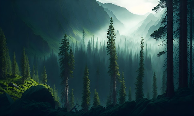 Obraz przedstawiający las z górą w tle
