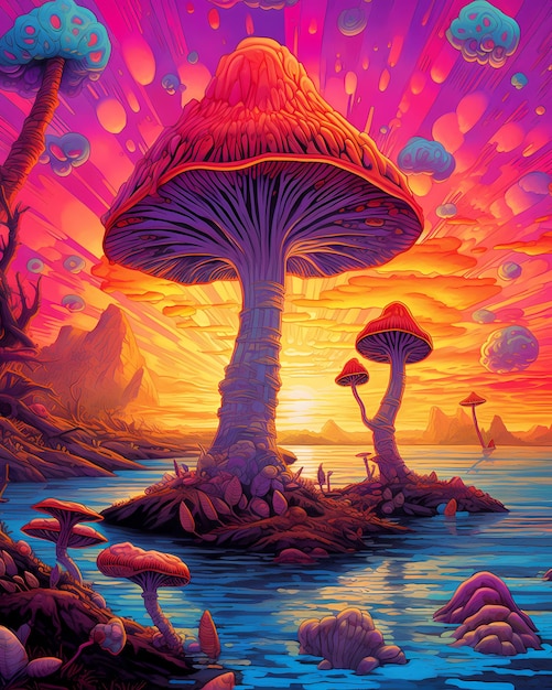 Obraz przedstawiający las z kolorowym grzybem i rzeką w tle