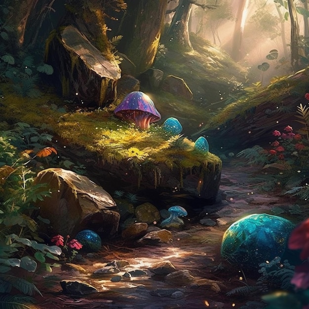 Obraz przedstawiający las z niebieskim grzybem i las z pniakiem.