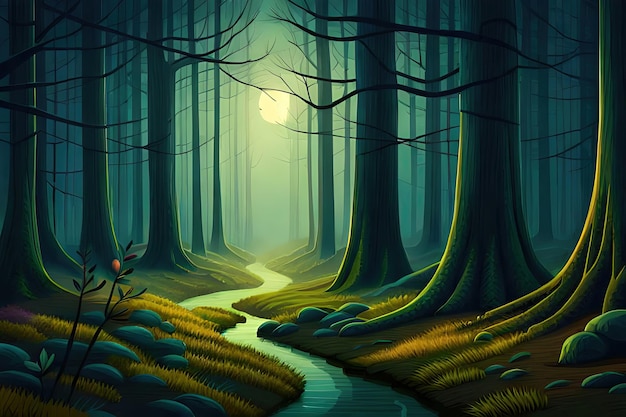 Obraz przedstawiający las z przepływającym przez niego strumieniem.