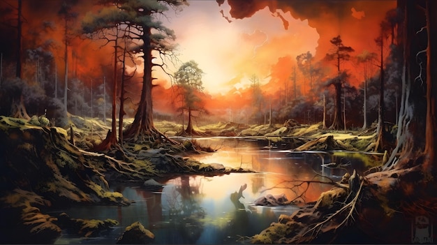 Obraz przedstawiający las z rzeką i drzewami w tle.
