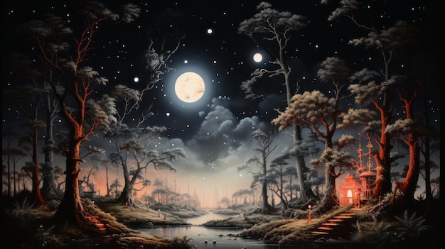 Obraz przedstawiający las z rzeką i księżycem