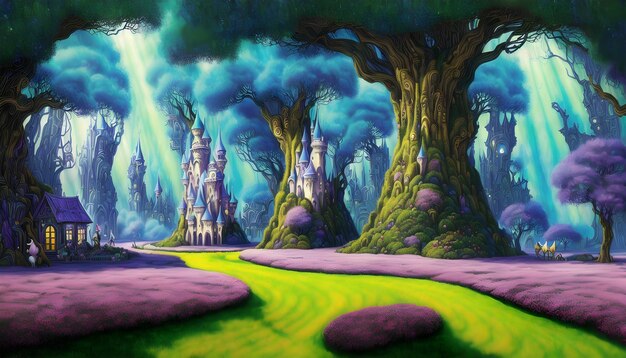 Obraz przedstawiający las z zamkiem w tle.
