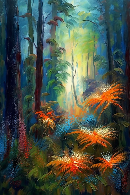 Obraz przedstawiający las ze sceną leśną z jasnopomarańczowymi i zielonymi liśćmi.