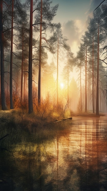 Obraz przedstawiający las ze słońcem przeświecającym przez drzewa