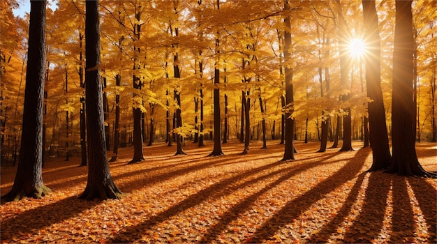 Obraz przedstawiający las ze słońcem prześwitującym przez liście