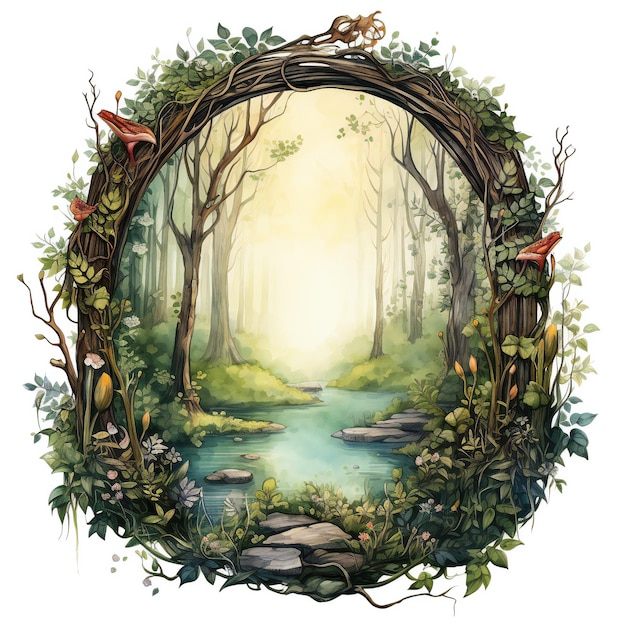 obraz przedstawiający las ze stawem i mostem.