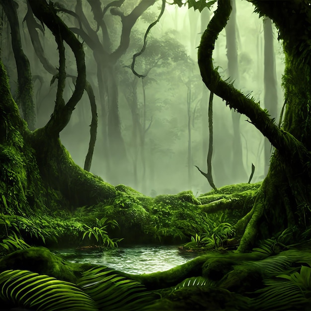 Obraz przedstawiający las ze stawem pośrodku i zielony las z drzewem pośrodku
