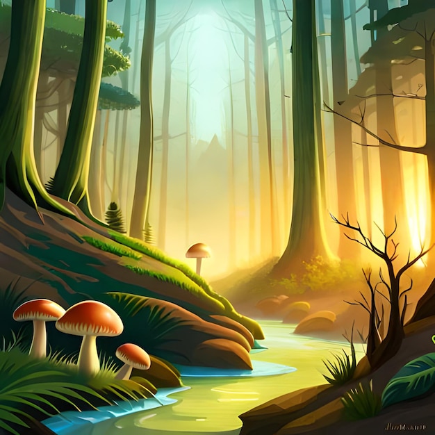 Obraz przedstawiający las ze strumieniem i las z grzybem.