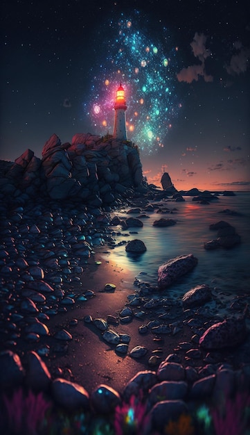 Obraz przedstawiający latarnię morską na plaży z gwiazdami na niebie.