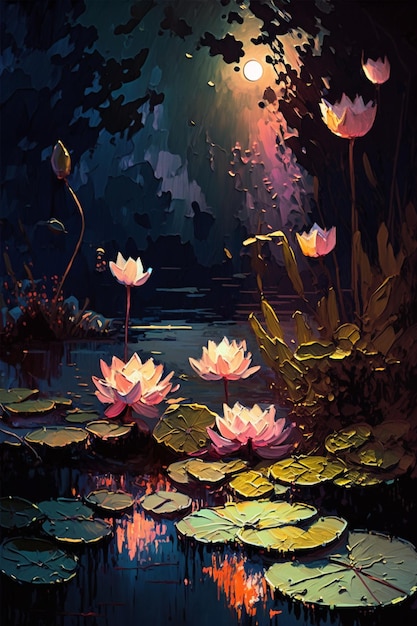 Obraz przedstawiający lilie wodne w wodzie ze świecącym słońcem.