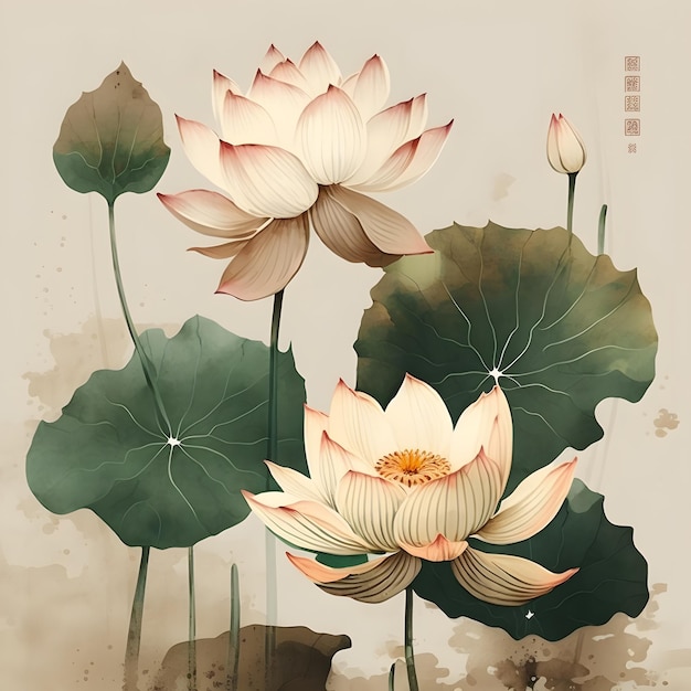 Obraz przedstawiający liście lotosu i kwiat lotosu.