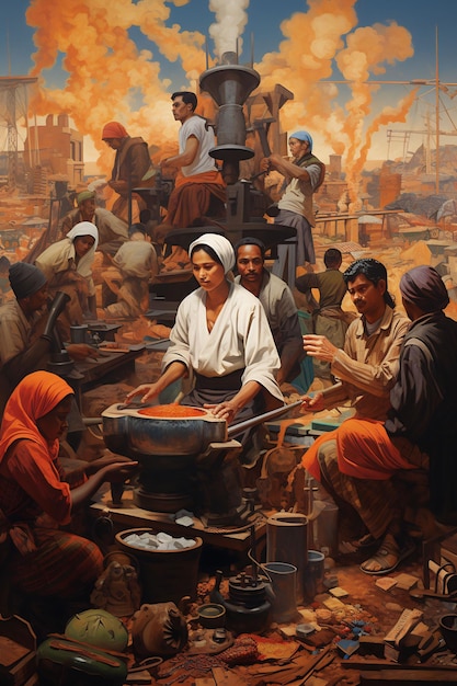 obraz przedstawiający ludzi gotujących przed statkiem
