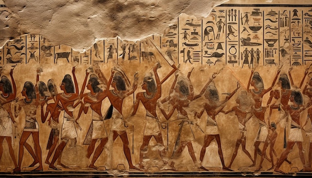 Obraz przedstawiający ludzi maszerujących w procesji z hieroglifami na ścianie.
