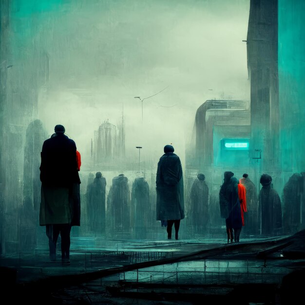 Obraz przedstawiający ludzi stojących w mieście z niebieskim napisem „słowo”.