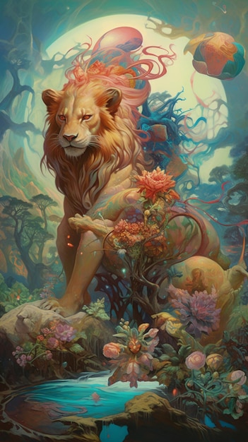 Obraz przedstawiający lwa z dużą grzywą i dużego lwa po lewej stronie.