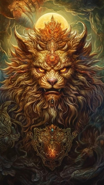 Obraz przedstawiający lwa ze złotą koroną i mieczem.
