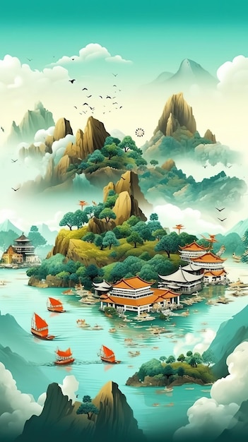 Obraz przedstawiający małą wyspę z łódką na wodzie i łódką na wodzie.