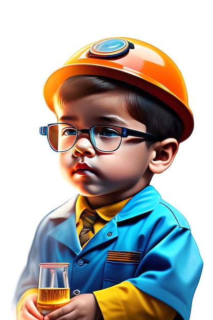 Obraz przedstawiający małego chłopca w kasku i okularach.