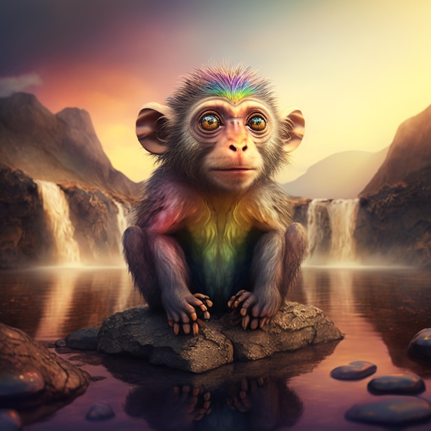 Obraz przedstawiający małpę z tęczową twarzą siedzi na skale.