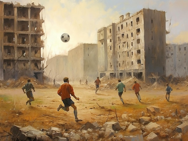 Obraz przedstawiający mecz piłki nożnej przed budynkiem.