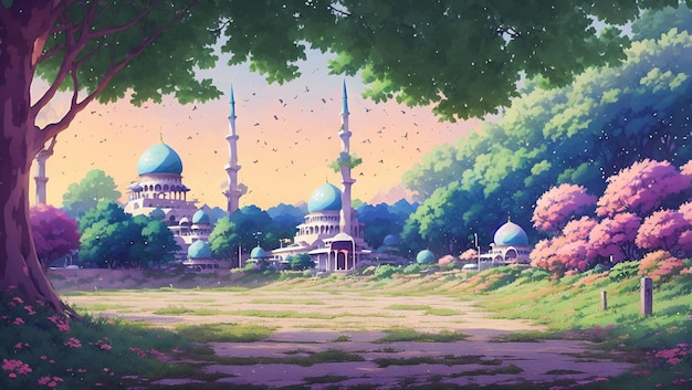 Obraz przedstawiający meczet w środku parku z drzewem na pierwszym planie.