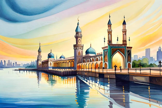 Obraz przedstawiający meczet z błękitnym niebem i świecącym na nim słońcem.