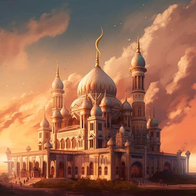 Obraz przedstawiający meczet ze złotą kopułą i niebem w tle.